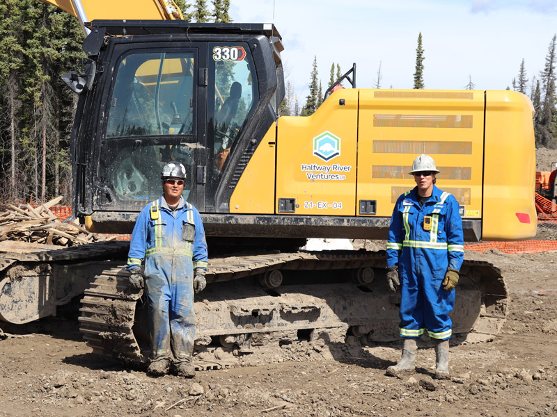 Two workers standing beside heavy equipment