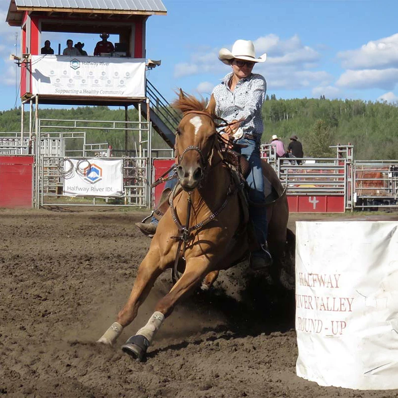 Community member riding horse at rodeo