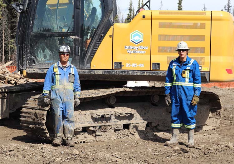 Two workers with Halfway River Ventures LP branded excavator